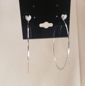 Michael Kors Silver Tone Large Hoops with CZ Heart Posts